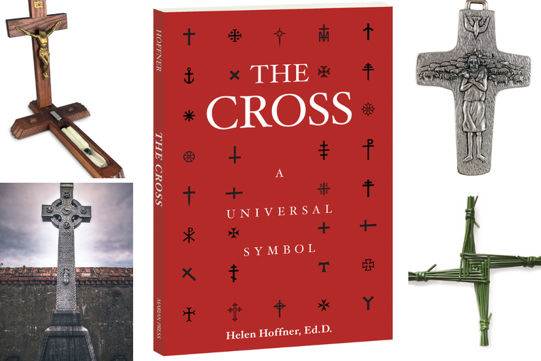 Clockwise from upper right: anointing of the sick crucifix, cross of the Good Shepherd, St. Brigid cross and Celtic cross, along with book cover