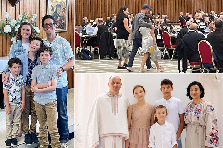 Clockwise from left: Australia’s Kelly Paget poses with her husband, Chris, and their three boys, Dennie (13), Samson (10) and Oscar (5), at Samson’s recent First Communion; José Manuel De Urquidi, a Mexican citizen who lives in Dallas, walks into the synod hall with his wife and eldest child, Inés, on her birthday; Ukraine’s Maria Sabov stands with her children Veronika (15), Viktor (13) and Pavlo (9), and her husband, Father Viktor, a Greek Catholic priest.