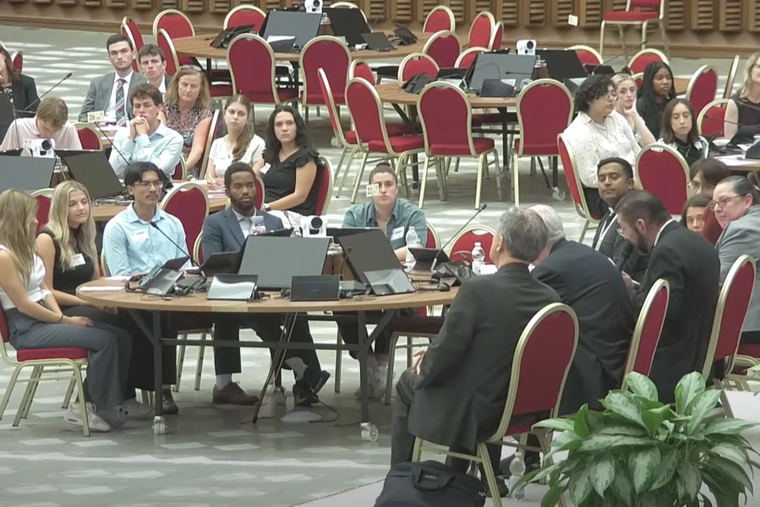 More than 30 students — most of whom were from the U.S. — from more than 10 universities attend an Oct. 18, 2024, event organized by the General Secretariat of the Synod on Synodality held in the Vatican’s Paul VI Hall.