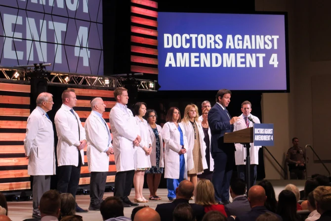 Florida Gov. Ron DeSantis, appearing with medical doctors, holds a press conference on Oct. 22, 2024, to speak in opposition to Amendment 4, which would add a right to abortion before the point of viability to Florida’s constitution.