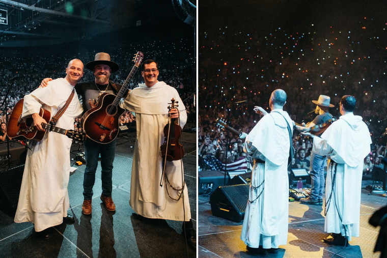 Dominican priests Father Simon Teller and Father Justin Bolger of the Hillbilly Thomists pose with Zac Brown on stage at Providence College in Providence, R.I. on October 19, 2024.