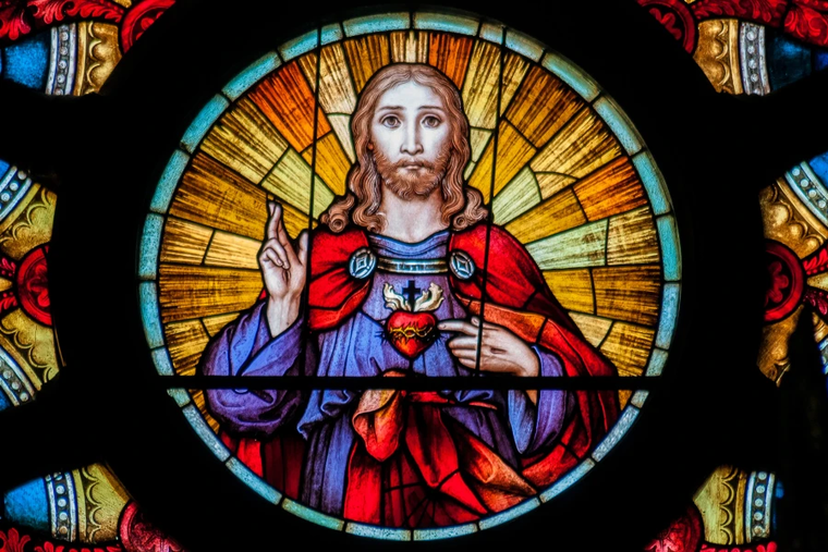 The Sacred Heart is at the center of a rose window in Santa Ifigênia Church, São Paulo, Brazil.