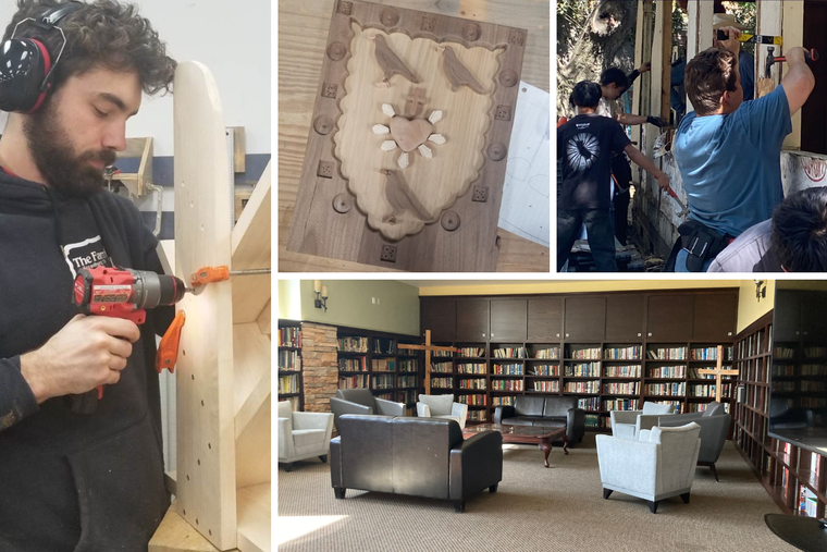 Clockwise from left: College of St. Joseph the Worker student at work, along with craftsmanship featuring the Sacred Heart; students build at Santiago Trade School; and the Catholic Polytechnic University library