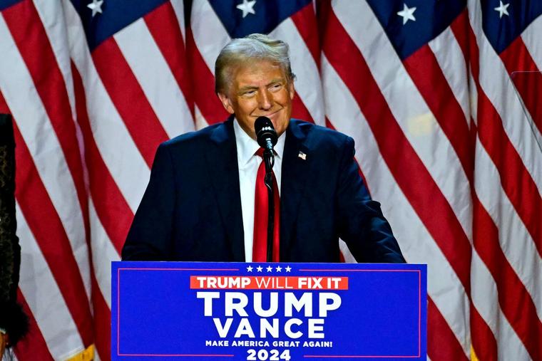 President-elect Donald Trump speaks during an election-night event at the West Palm Beach Convention Center in West Palm Beach, Florida, on Nov. 6, 2024.