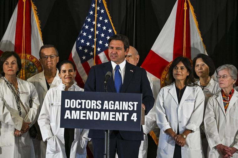 Florida Gov. Ron DeSantis speaks during an event with Florida Physicians Against Amendment 4 in Coral Gables, Florida, on Oct. 21, 2024. The pro-abortion amendment failed to pass on Nov. 5.