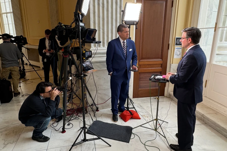 House Speaker Mike Johnson speaks with EWTN News' Erik Rosales at the U.S. Capitol.