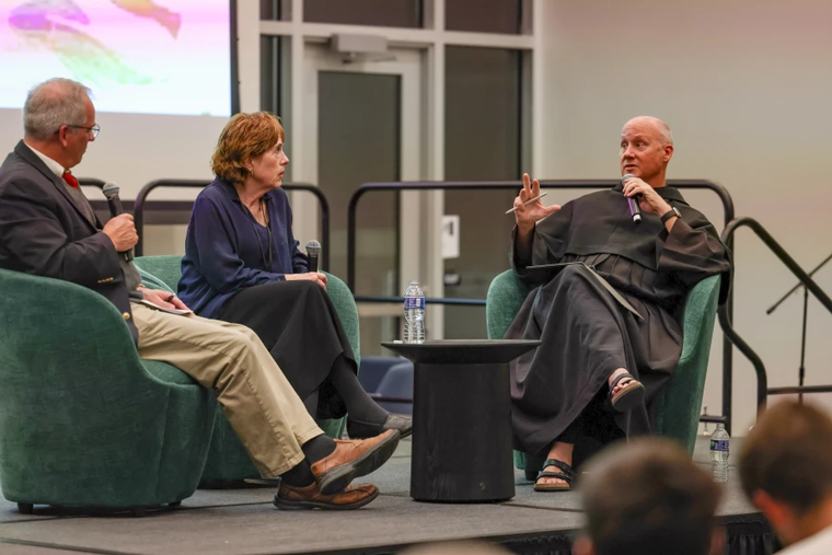 Stephen Hildebrand, vice president for academic affairs at Franciscan University (left); Deborah Savage, professor of theology at Franciscan University (center); and Franciscan Father Dave Pivonka, president of Franciscan University (right), at a panel discussion at the Oct. 24-26, 2024, ‘Man and Woman in the Order of Creation Conference,’ in Washington, D.C.