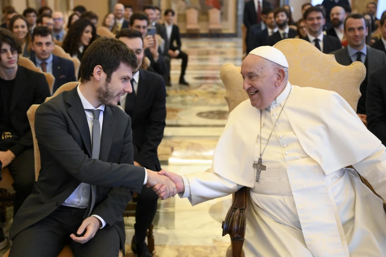 Pope Francis greets members of Italy's National Youth Council at the Vatican, Nov. 16, 2024.