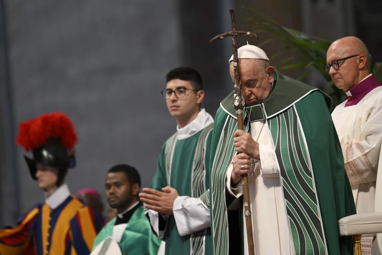Pope Francis prays during the Synod on Synodality closing Mass on Oct. 27, 2024, in St. Peter’s Basilica at the Vatican.