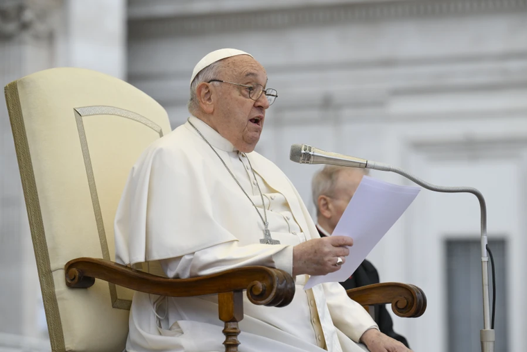 Pope Francis addresses pilgrims gathered for his Wednesday general audience on Nov. 20, 2024, in St. Peter’s Square at the Vatican.
