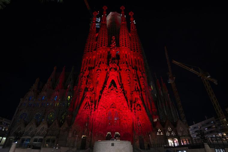The Sagrada Familia basilica is light up with red lights to commemorate persecuted Christians, in Barcelona, on Nov. 20, 2024.