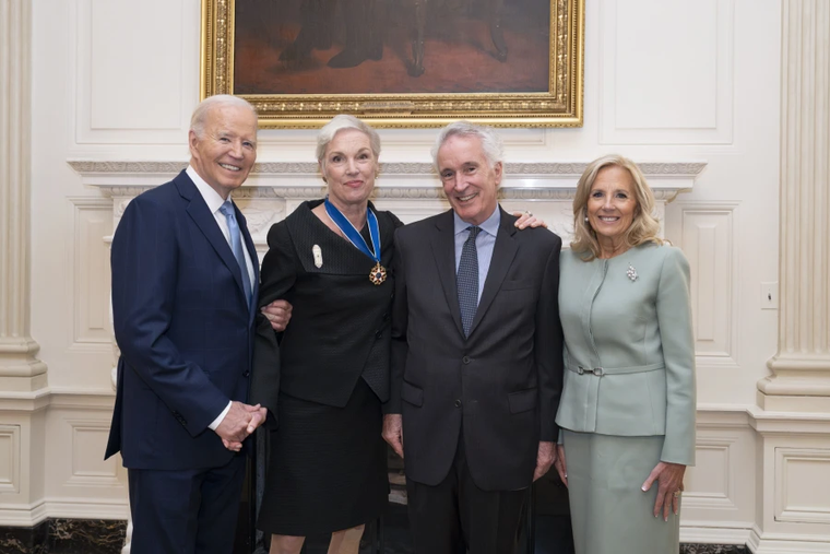 President Joe Biden awarded the Medal of Freedom to former Planned Parenthood president Cecile Richards, photographed here with Kirk Adams and First Lady Jill Biden, in a photo posted to his X account, Nov. 20, 2024.
