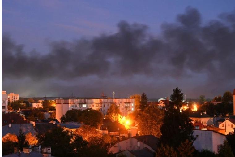 Black smoke billows after drones strike the western Ukrainian city of Lviv on Sept. 19, 2023, amid Russia's military invasion on Ukraine.
