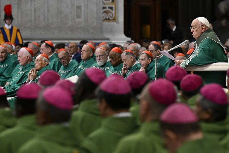 Pope Francis addresses those in attendance at the closing Mass of the Synod on Synoadlity, Oct. 27 at St. Peter's Basilica at the Vatican.