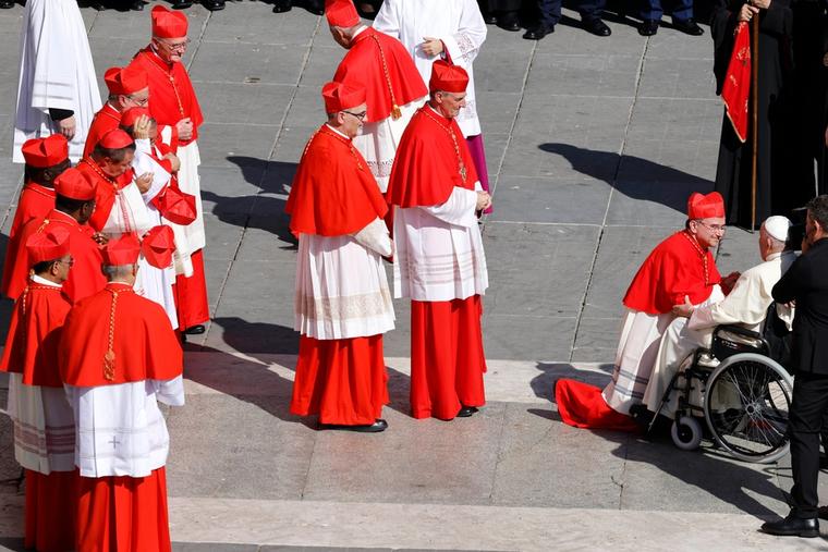 New cardinals greet Pope Francis at the end of the consistory for the creation of 21 new cardinals in St. Peter Square on September 30, 2023.