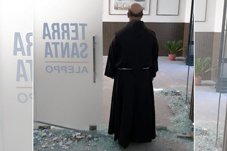 A Franciscan friar surveys the damage to Terra Sancta School in Aleppo, Syria, after a recent bombing by the Bashar al-Assad regime or Russian forces allied to Assad.