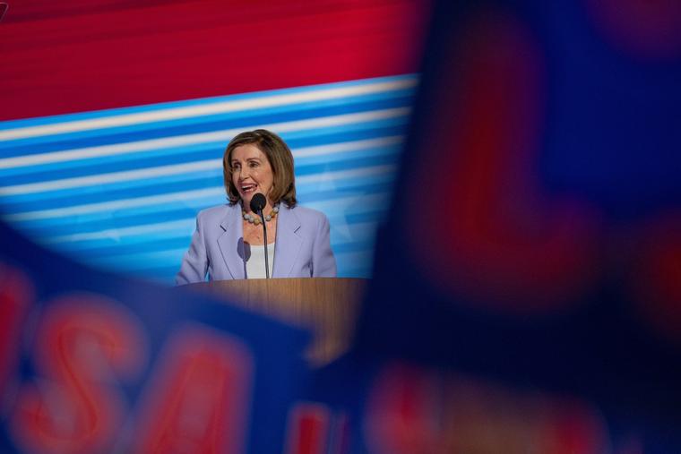 Nancy Pelosi speaks at the Democratic National Convention in Chicago on Aug. 21, 2024.
