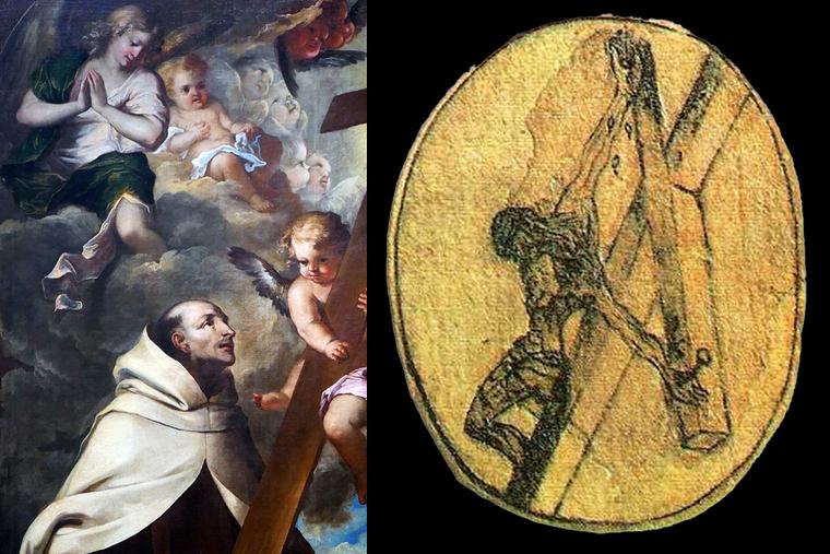 Left: Antoine Ranc, “St. John of the Cross in Ecstasy Before the Cross,” ca. 1705, Saint-Mattheiu Church, Montpellier, France. Right: St. John of the Cross, “Crucifixion,” ca. 1550