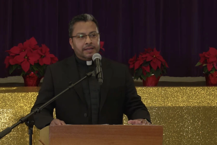 Father Juan Gutierrez, who experienced a miracle through the intercession of Blessed Pier Giorgio Frassati, speaks Dec. 16 at a press event.