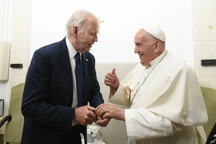 Pope Francis meets with U.S. President Joe Biden on Friday, June 14, 2024, after a session at the G7 summit, which is being held June 13–15 in the southern Italian region of Puglia.