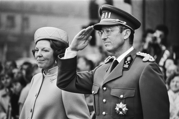 King Baudouin salutes during the playing of the Belgian national anthem on March 31, 1981.
