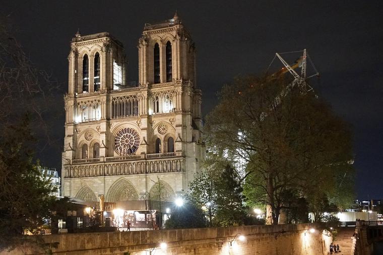 West facade of Notre Dame de Paris at night, France