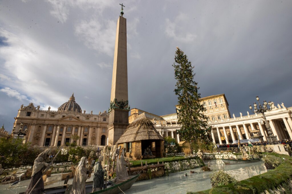 The Nativity scene and a towering spruce tree adorn St. Peter’s Square for the Christmas season, Dec. 8, 2024. Credit: Daniel Ibáñez/CNA