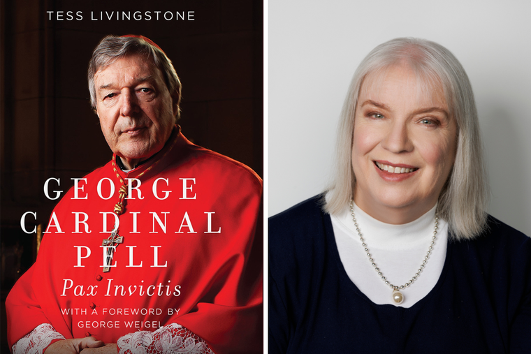 Author Tess Livingstone (r) and the cover of her biography of Cardinal George Pell
