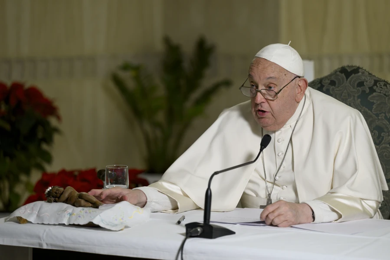Pope Francis delivers his Angelus address via a video livestream from his Casa Santa Marta residence within the Vatican due to a cold on Sunday, Dec. 22, 2024.