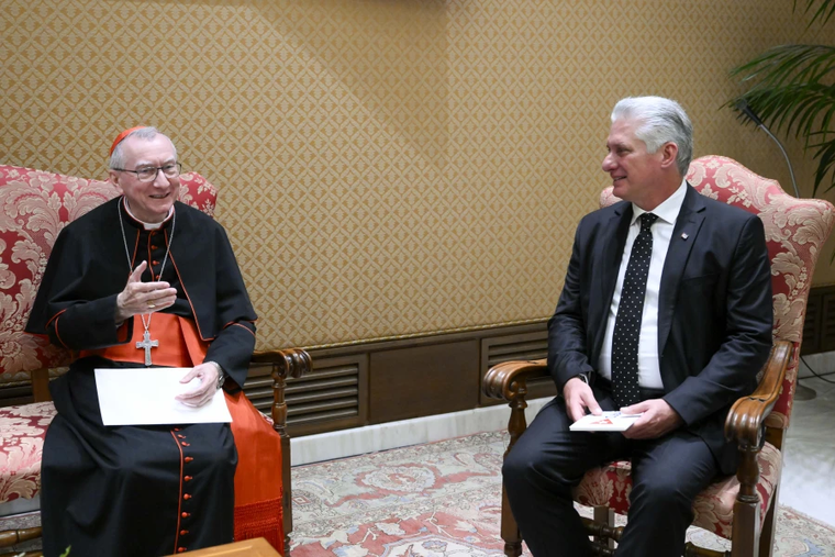 Vatican Secretary of State Cardinal Pietro Parolin meets with Cuba President Miguel Díaz-Canel on June 20, 2023, at the Vatican.