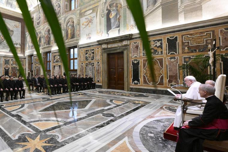 Pope Francis addresses the Community of the Almo Collegio Capranica in Rome Jan. 20. Earlier that day he sent a note of blessing to President Donald Trump as he prepared for his inauguration in Washington.