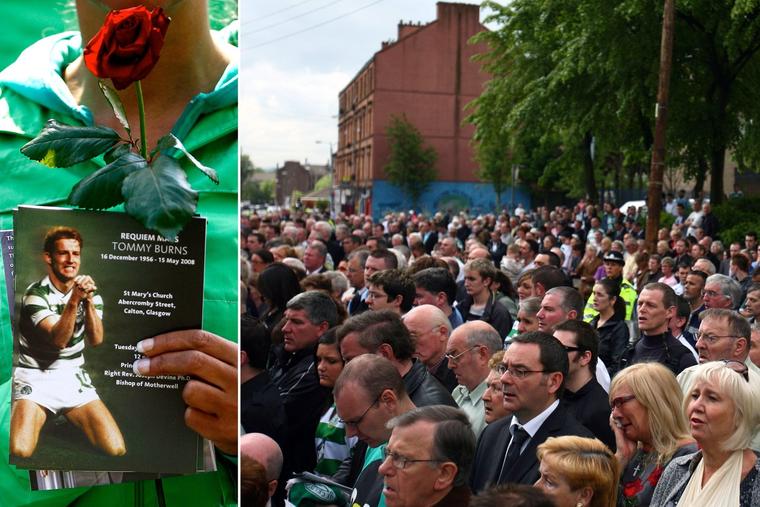 Left: A woman holds a red rose and Mass card for Celtic player and manager Tommy Burns outside St Mary's Church before his Requiem Mass on May 20, 2008 in Glasgow, Scotland. Right: Fans gather outside St Mary’s Church in Glasgow, Scotland on May 20, 2008, for Burns’ funeral Mass. Following the Mass, thousands of people lined the streets of Glasgow during the funeral procession to say their farewells to the Celtic legend.