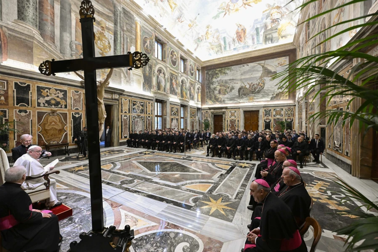 Pope Francis speaks with Spanish clergy and seminarians on Jan. 30, 2025, at the Vatican.