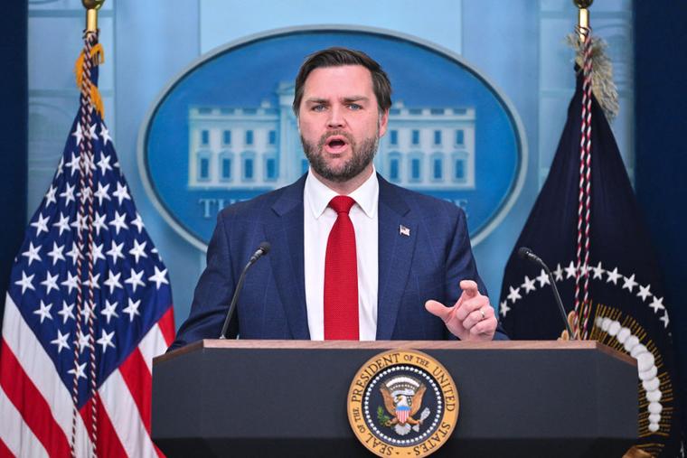 Vice President JD Vance speaks during a briefing about the mid-air crash between American Airlines flight 5342 and a military helicopter in Washington, in the Brady Press Briefing Room at the White House on January 30, 2025 in Washington, DC.
