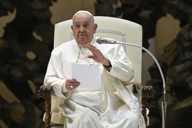 Pope Francis addresses pilgrims gathered for his Wednesday general audience on Feb. 5, 2025, in the Paul VI Audience Hall at the Vatican.