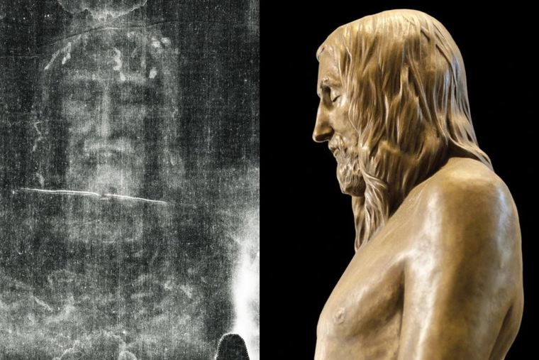 Negative photo of the frontal image of the man of the Shround of Turin (left), and a side view of the sculpture “The Sign,” which depicts the man of the shroud.