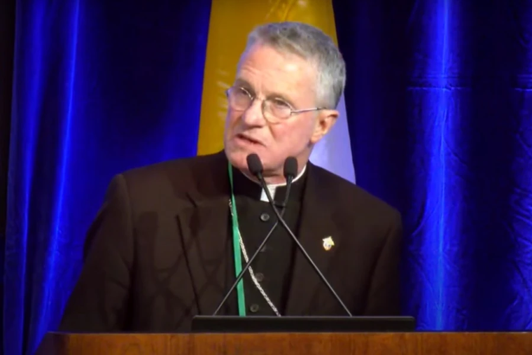 Archbishop Timothy Broglio, president of the U.S. Conference of Catholic Bishops, speaks at the USCCB fall plenary assembly Nov. 14, 2023.