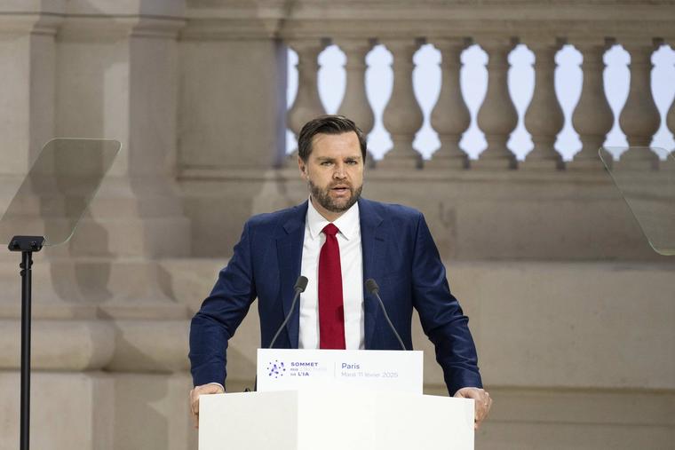 U.S. Vice President JD Vance speaks during a plenary session at the Artificial Intelligence AI Action Summit, at the Grand Palais, in Paris, on Feb. 11, 2025.