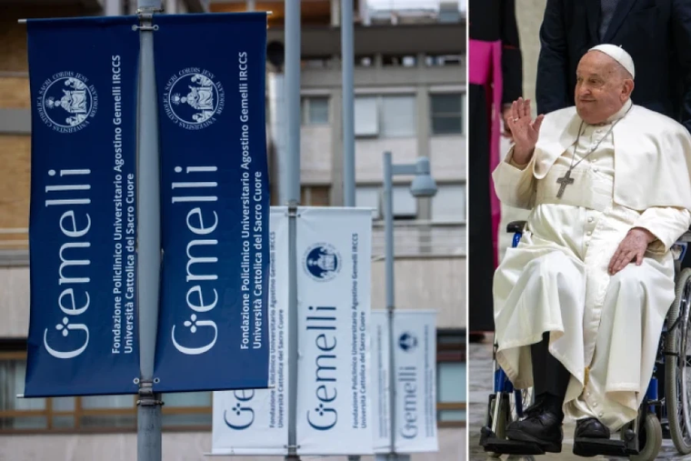 Left: Banners at Rome’s Gemelli University Hospital. Right: Pope Francis waves from a wheelchair, Feb. 13, 2025.