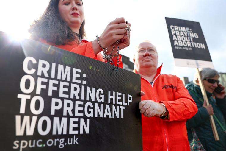 Pro-lifers protest outside the Scottish Parliament on Sept. 24, 2024, in Edinburgh, Scotland. A new law in Scotland bans protesters from gathering close to facilities where abortions are carried out. The Society for the Protection of Unborn Children has organized protests against the measure.