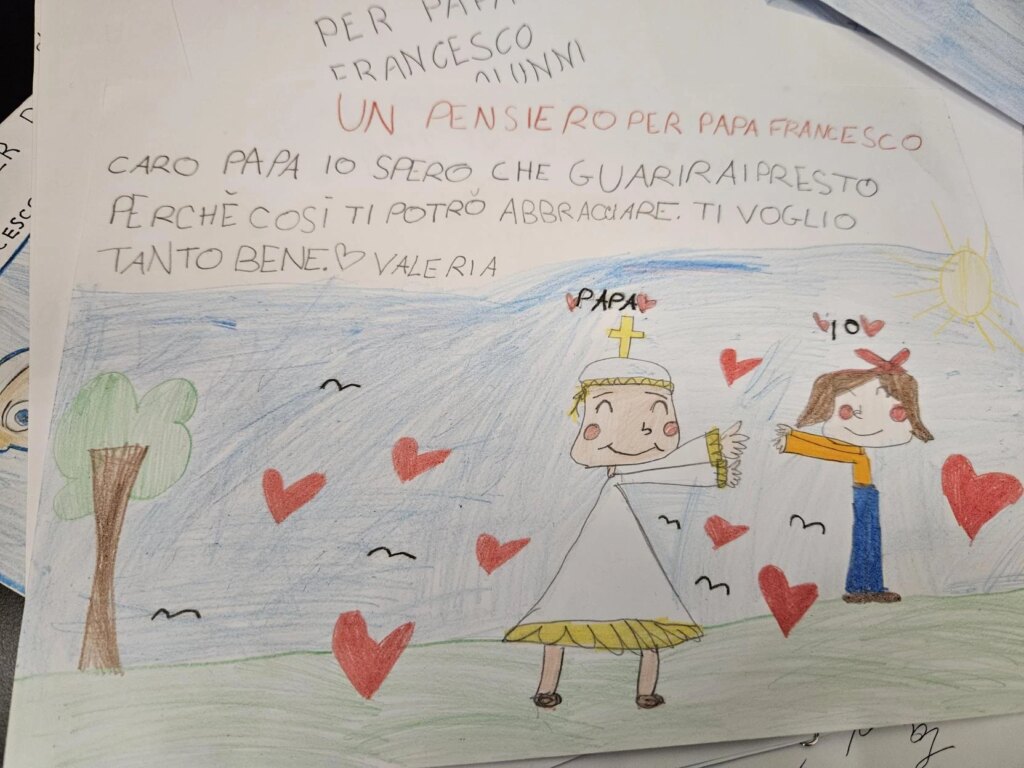 A get-well card to Pope Francis is seen at the Vatican, Sunday, Feb. 23, 2025. Credit: ACI Stampa