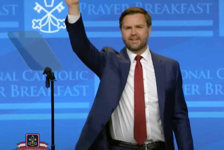 U.S. Vice President JD Vance waves to the crowd at the 2025 National Catholic Prayer Breakfast on Feb. 28, 2025, in Washington, D.C.