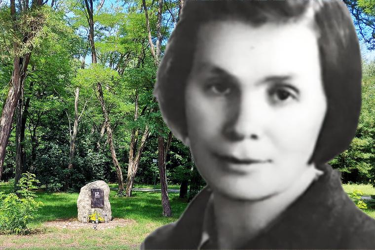Portrait of Wanda Boniszewska, pictured with a small monument to her that stands in Lutkówka, Poland.