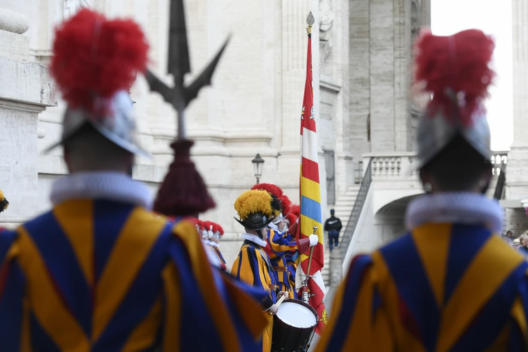 The Swiss Guard honors the soldiers who died in the Sack of Rome during a ceremony in Roman Protomartyrs Square in the Vatican on May 5, 2023.