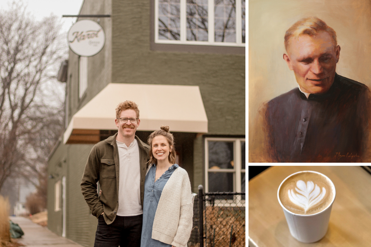 Nate and Megan Whipple love coffee and John Paul II. Inspired by Pope St. John Paul II, the couple seeks to create community through their gift of hospitality and good java. Clockwise from left, the Whipples stand in from of their soon-to-open storefront, the portrait of John Paul pained by Megan and a coffee creation.