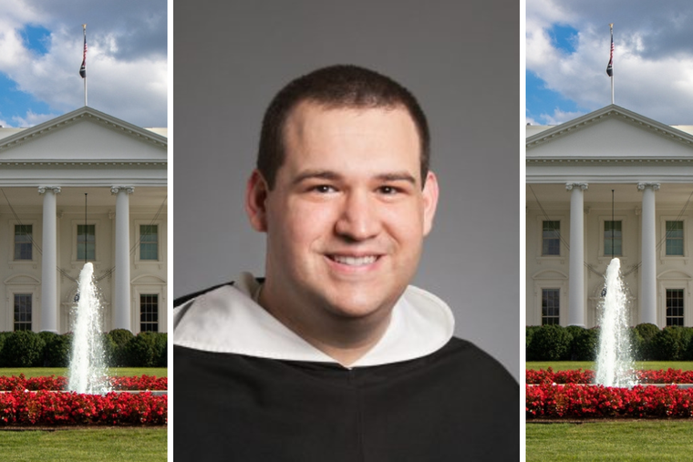 Dominican Father Henry Stephan received a tour of the White House briefing room with Vice President JD Vance on March 17, 2025.
