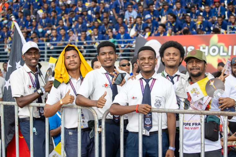 Young men attending the encounter with youth with Pope Francis at the Sir John Guise Stadium, Papua New Guinea, Sept. 9, 2024.
