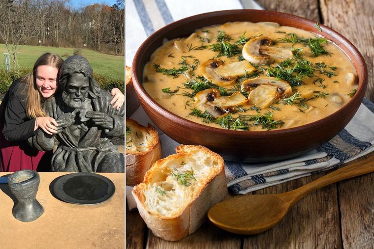 Left: Mary-Teresa Prior is pictured with a statue at St. Emma Monastery in Greensburg, Pennsylvania. Right: Hungarian mushroom soup.