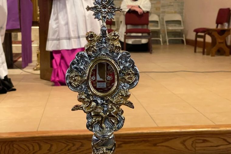A relic of Blessed Carlo Acutis, a fragment of his pericardium, visits the U.S. at Holy Family Parish in Queens, New York, on April 6, 2022.