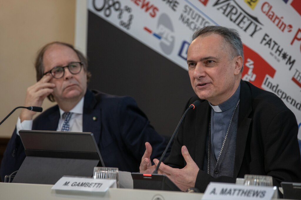 Cardinal Mauro Gambetti, archpriest of St. Peter’s Basilica and president of the Fabric of St. Peter, discusses the new Minecraft Education experience “Peter Is Here: AI for Cultural Heritage” during a press conference unveiling the project on March 18, 2025, at the Vatican. Credit: Daniel Ibañez/CNA